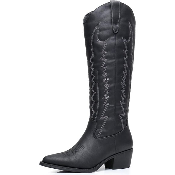 Shoes - Women's Black Knee High Long Pointed Toe Classic Western Cowboy Boots With Zip
